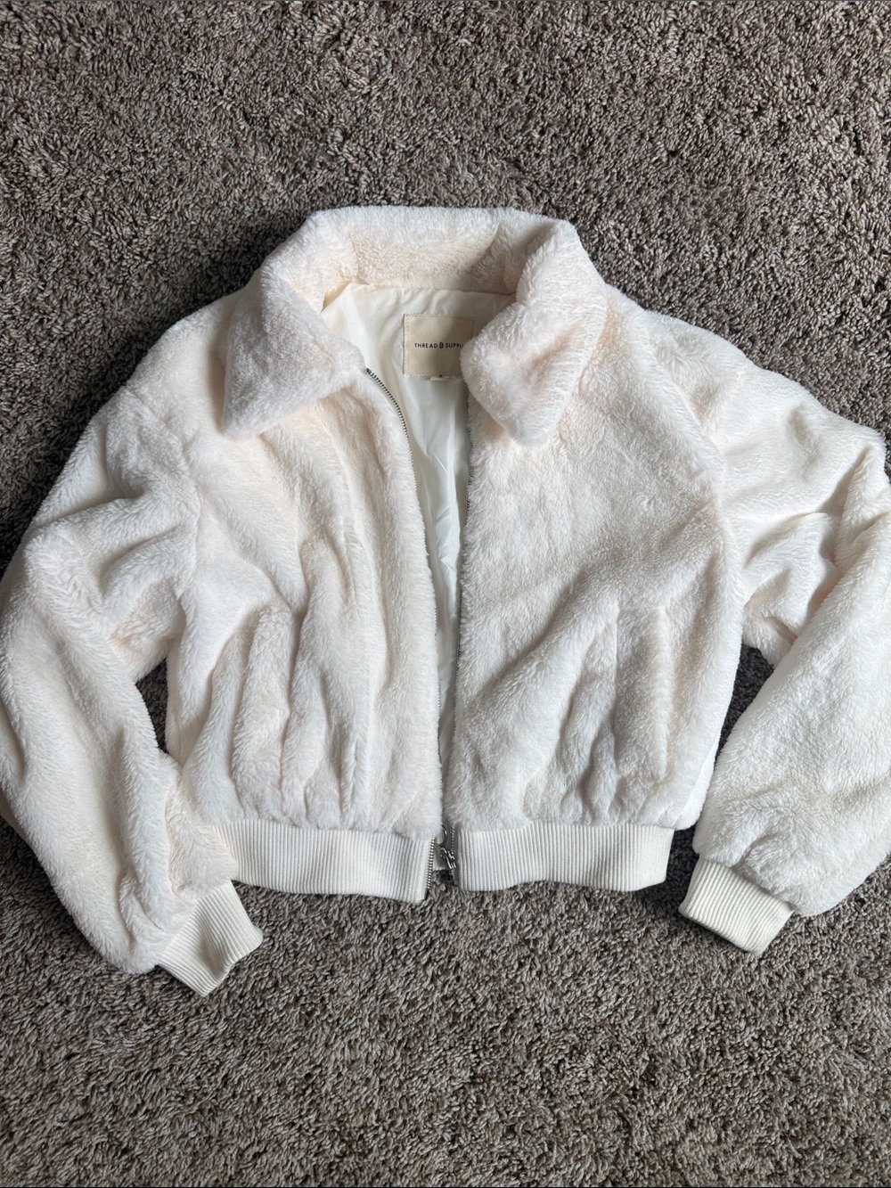 Thread & Supply Cream Fuzzy Bomber Jacket